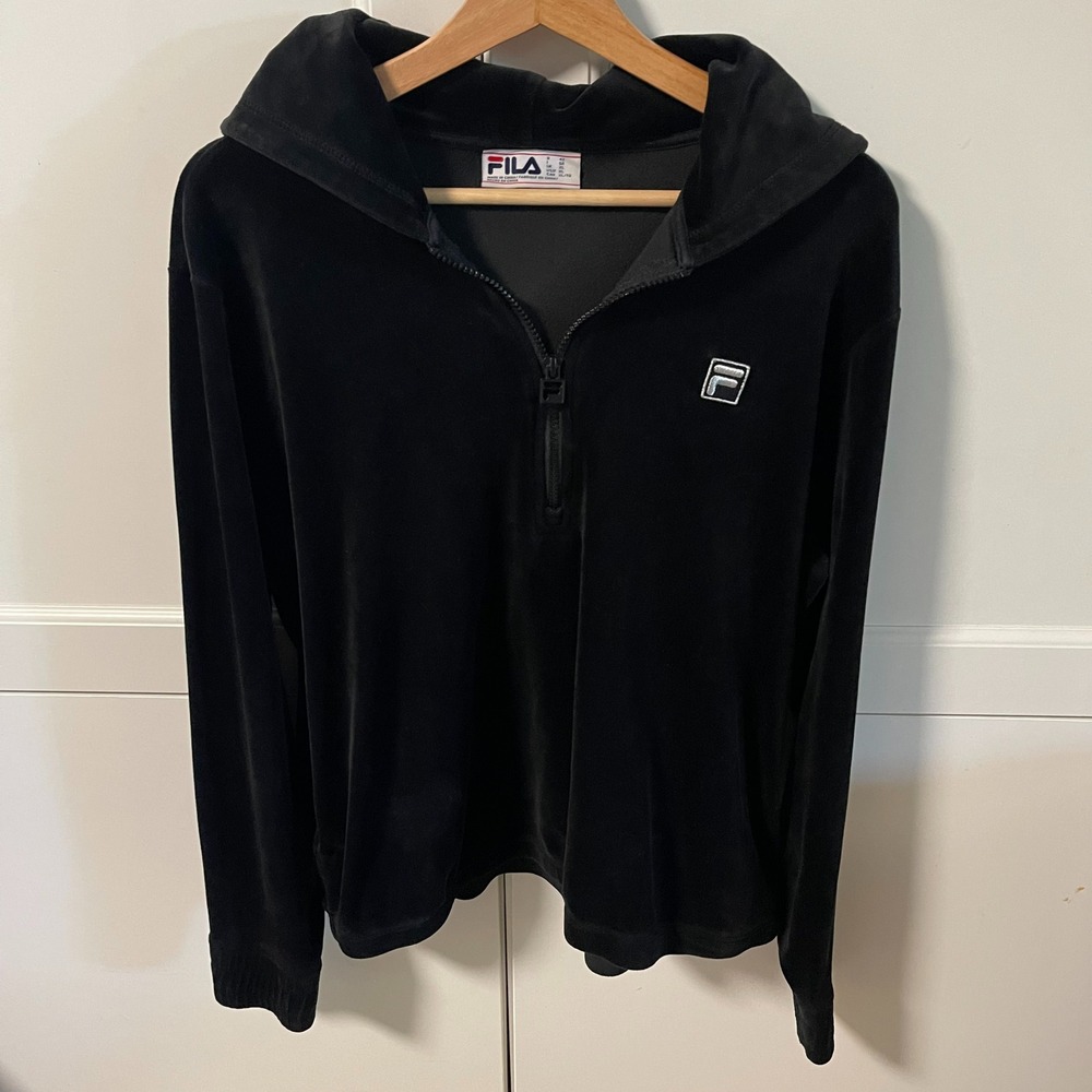 Fila Womens Velour Quarter Zip Hoodie Black Velvet Pullover XL